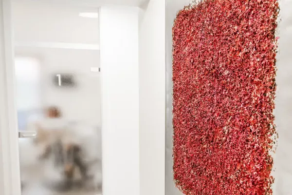 Ein Flur in der Zahnarztpraxis mit einer roten Kunstinstallation an der Wand. Im Hintergrund ist eine Milchglastür mit der Nummer 1 zu sehen.